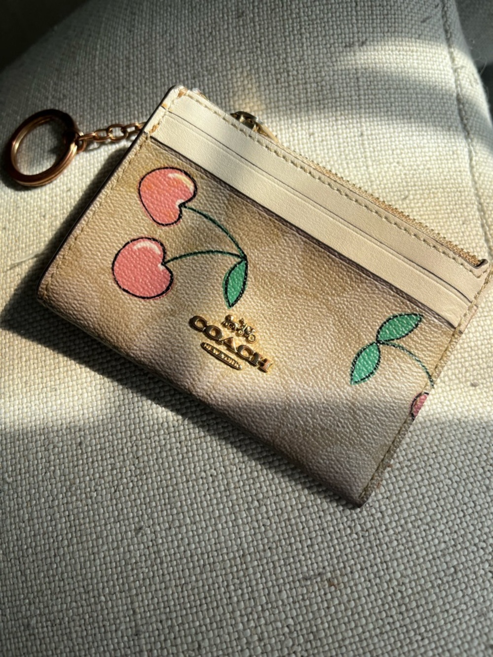 Coach Cream Leather Cherry Card Case Keyring with Pink and Green Accents